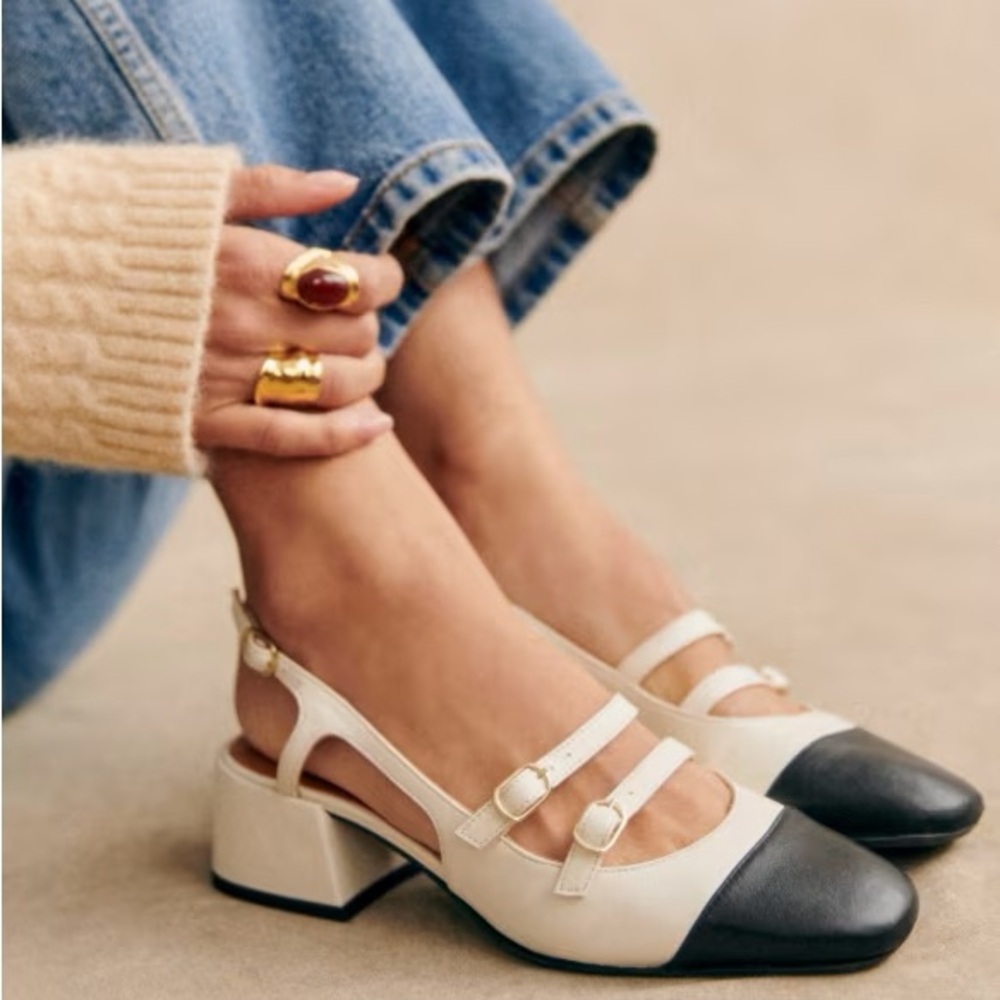 Sezane Paula babies block heels in ecru and black